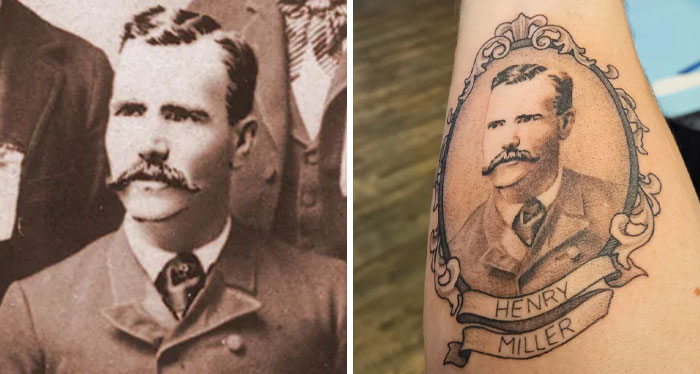 Side-by-side comparison of a vintage photo and a tattoo portrait of the same man with detailed shading and frame design.