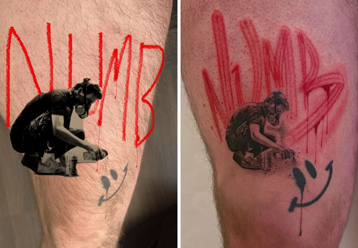 Tattoo design of a person spray-painting the word numb and a dripping smiley face on a leg in black and red ink.