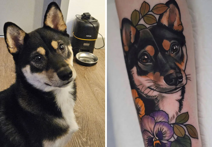 Side-by-side photo of a dog and a vibrant tattoo design capturing the dog's likeness with colorful floral accents.
