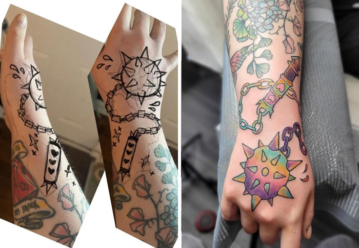 Before and after photos of a colorful hand tattoo redesign showing improved creative tattoo designs.