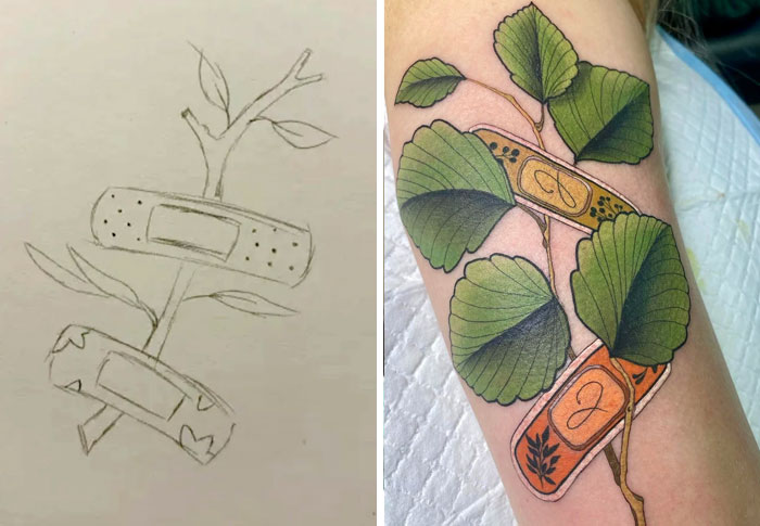 Tattoo designs with green leaves and band-aids on an arm, showing a detailed and improved version of the original sketch.