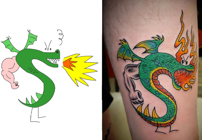 Side-by-side comparison of a cartoon dragon drawing and a vibrant tattoo design showcasing improved tattoo designs.