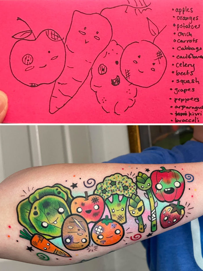 Colorful vegetable tattoo design on forearm inspired by a simple drawing, showcasing creative and improved tattoo designs.
