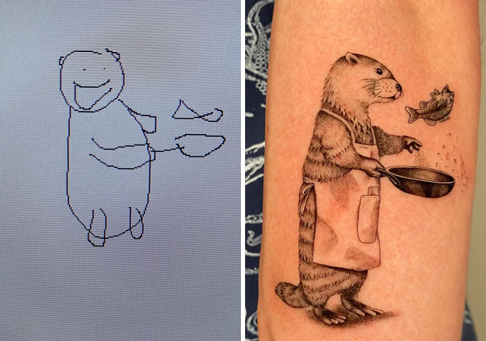 Side-by-side comparison of a rough sketch and a detailed tattoo design showing an animal cooking a fish.