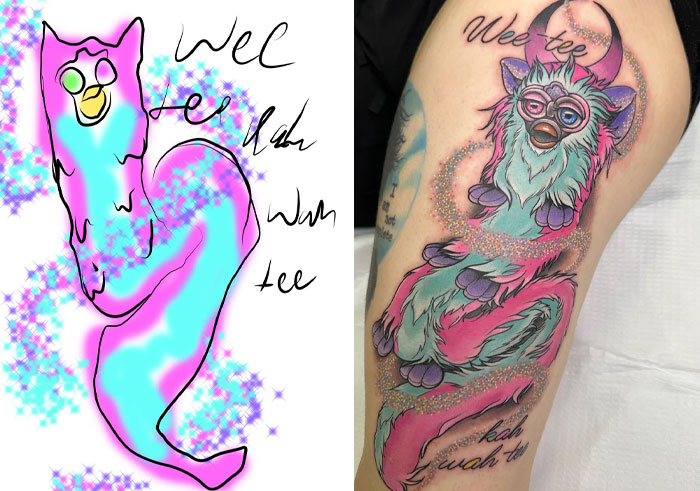 Tattoo design transformation of a colorful, whimsical creature with vibrant details and sparkling effects on skin.