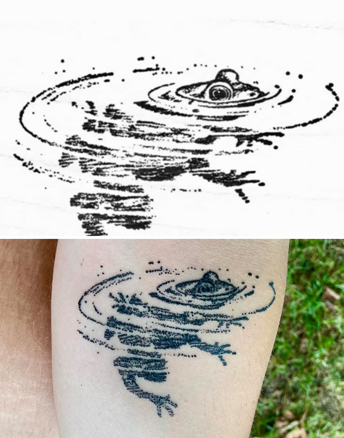 Minimalist tattoo design of a frog partially submerged in water with ripples, showcasing creative tattoo designs.