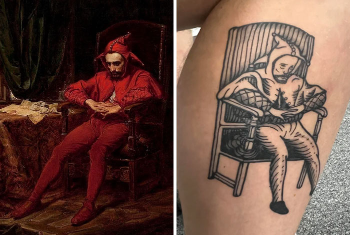 Tattoo design of a jester sitting in a chair, illustrating a clever and improved tattoo interpretation on skin.