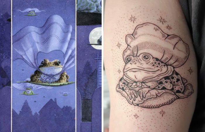 Tattoo design of a frog wearing a chef hat, showcasing creative and improved tattoo designs that exceeded expectations.