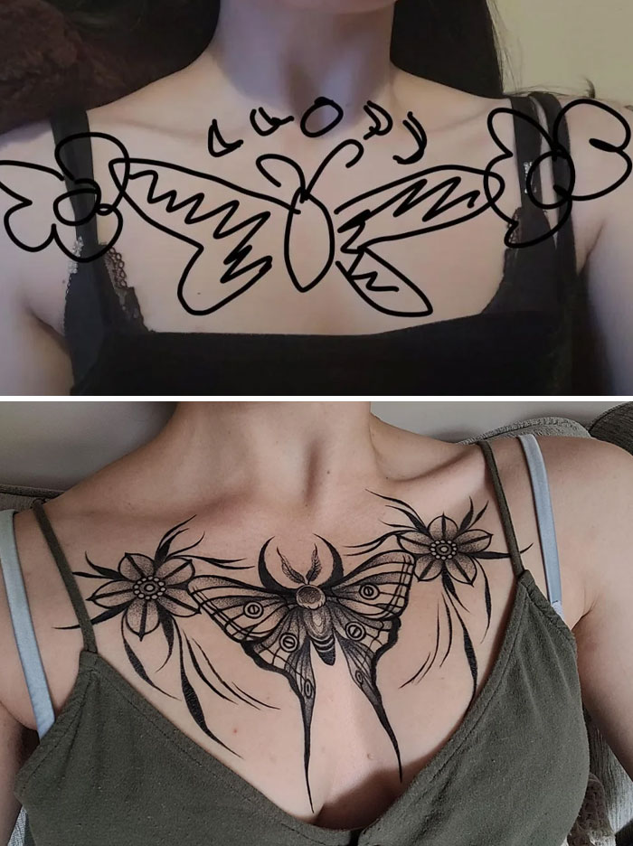Tattoo design transformation showing a simple butterfly sketch turned into a detailed floral butterfly chest tattoo.