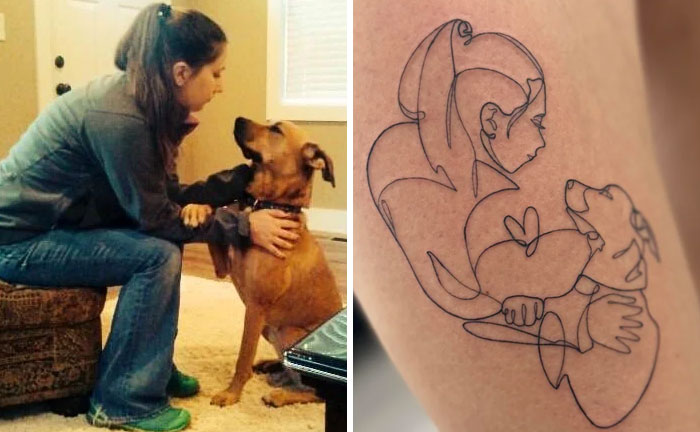 Woman kneeling and hugging a dog, next to an outline tattoo design showing the same scene, a unique tattoo design.