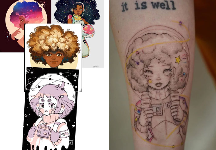 Tattoo design of a girl astronaut with curly hair and stars, showcasing creative tattoo designs turned out better.