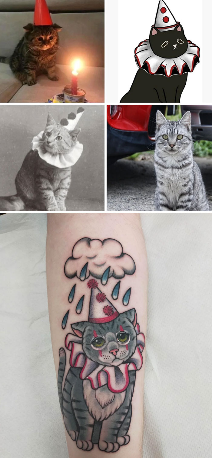 Collage of cats in clown costumes and a colorful cat tattoo design inspired by the images, showcasing creative tattoo designs.