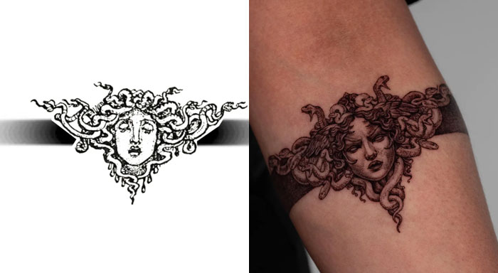 Intricate Medusa tattoo design on forearm showcasing detailed line work and shading, a stunning tattoo design example.