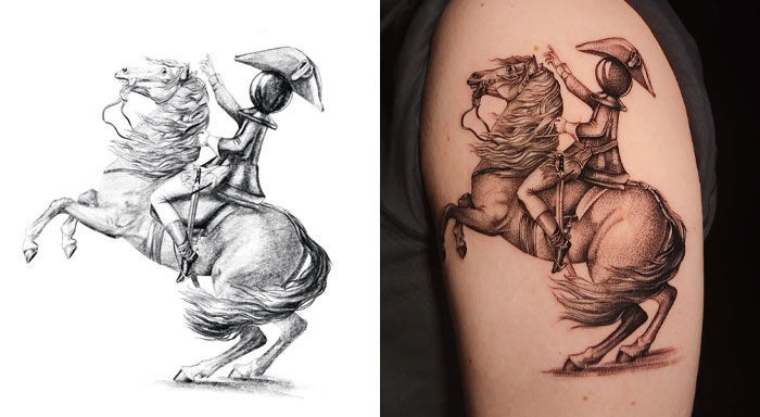 Tattoo design of a rider on a rearing horse on skin, showcasing impressive tattoo designs that surpassed expectations.