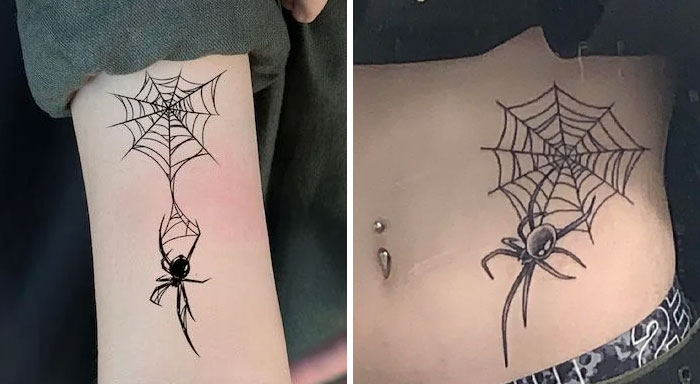 Spider web and spider tattoo designs on a forearm and side torso, showcasing unique and creative tattoo designs.