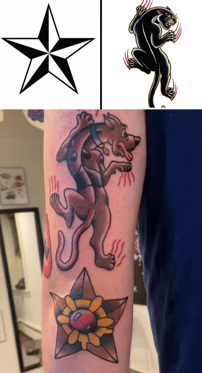 Tattoo designs showing a black panther, star, and a colorful Scooby-Doo style dog inked on a forearm.