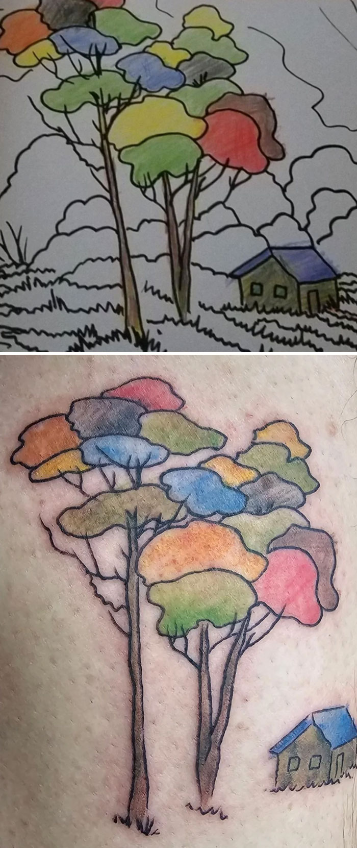 Colorful tree and house tattoo that turned out better than the original drawing, showcasing unique tattoo designs.