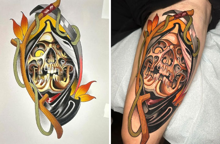 Detailed colorful skull tattoo design with ribbon and floral elements, showcasing impressive tattoo designs quality on skin.