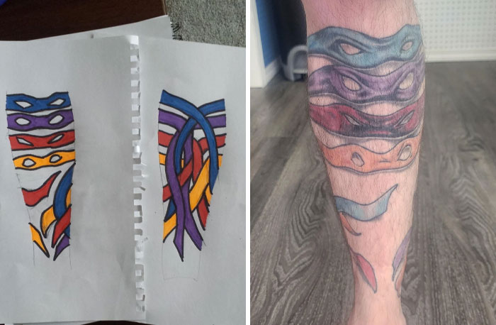 Colorful original tattoo design sketch on paper and its improved version inked on a person's leg in a better tattoo design