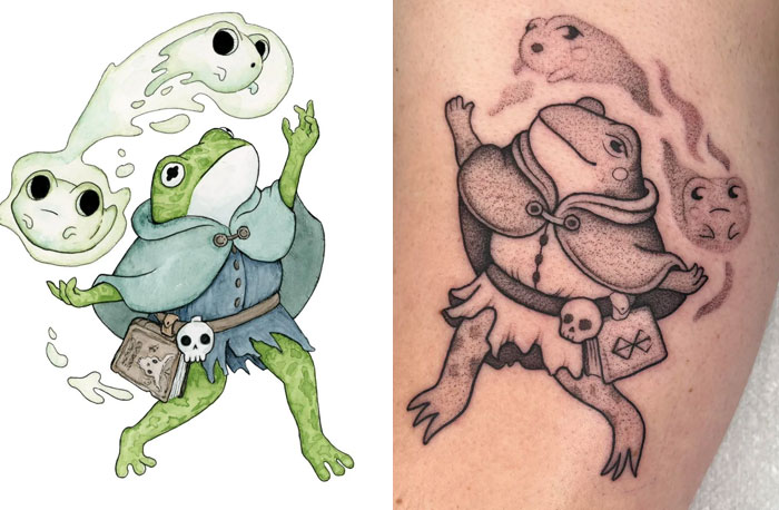 Tattoo design of a frog mage casting spirits inked on skin with detailed shading and line work.