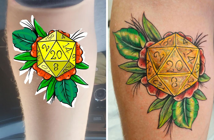 Colorful tattoo design featuring a 20-sided die surrounded by leaves and flowers, showcasing impressive tattoo designs.