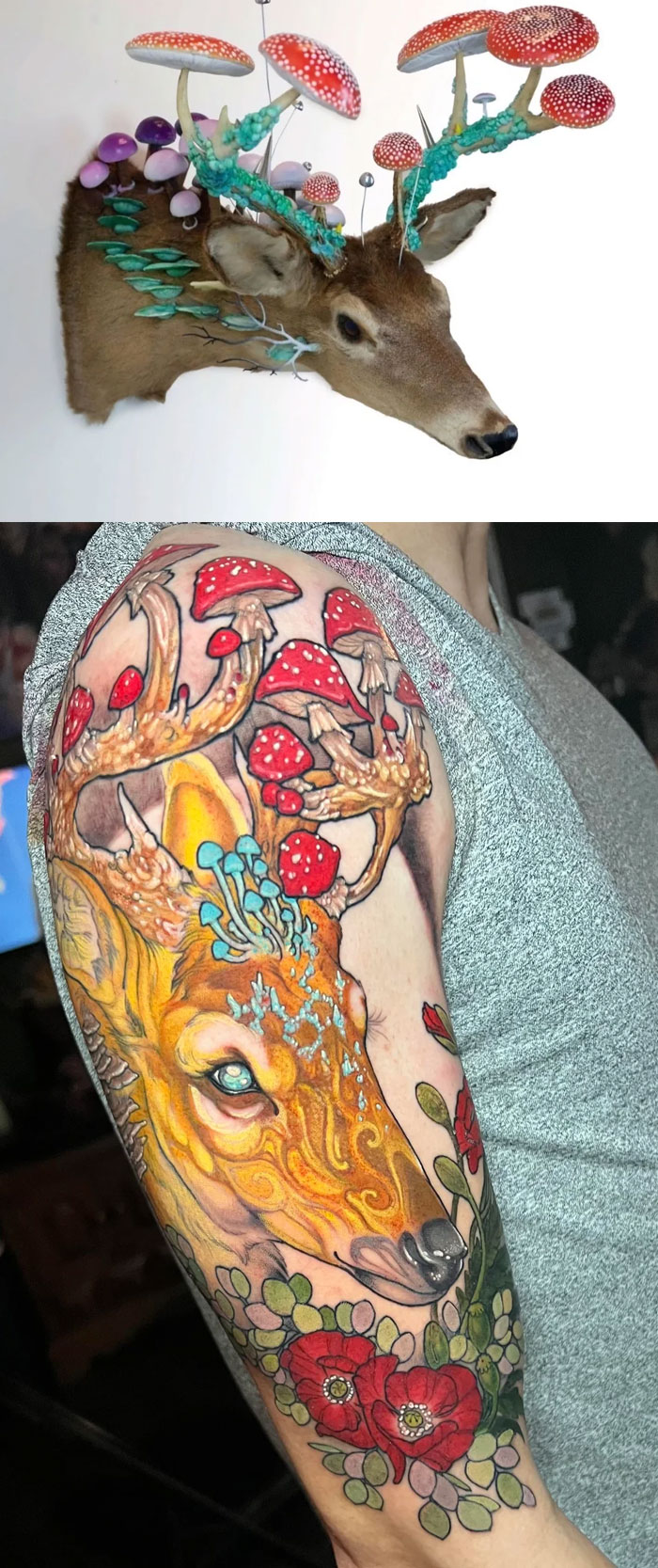 Deer and mushroom tattoo designs featuring vibrant colors and detailed artistic elements on arm and wall mount.