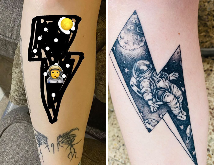 Tattoo designs of an astronaut in space inside a lightning bolt, showing a much improved outer space tattoo design.