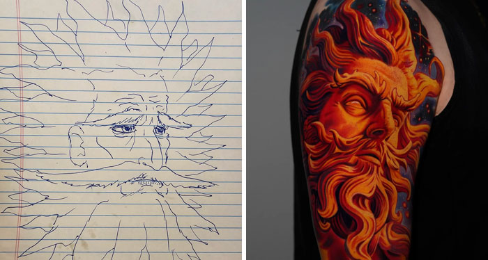 Side-by-side comparison of a rough sketch and a vibrant, detailed tattoo design of a fiery face on an arm.