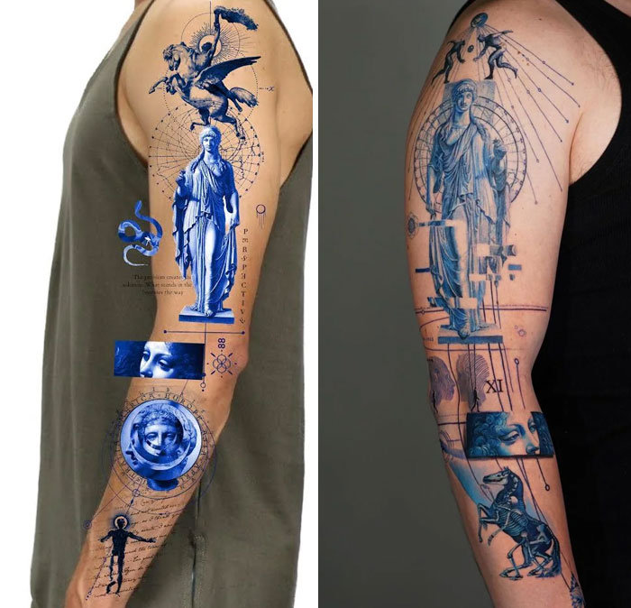 Intricate blue tattoo designs featuring classical statues and geometric elements on upper arms in a creative style.