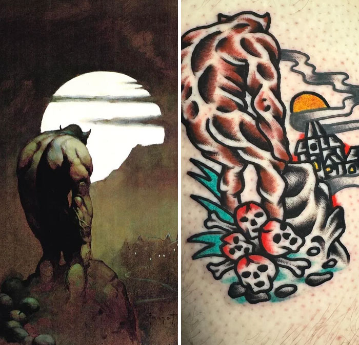 Comparison of original artwork and tattoo design showcasing creative tattoo designs that turned out better than expected.