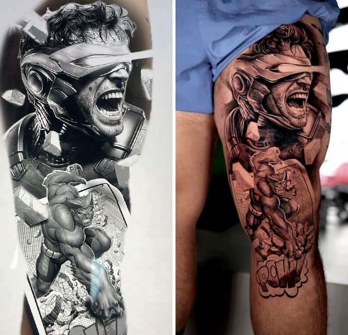 Detailed black and gray tattoo design on thigh featuring a futuristic warrior and a powerful beast character in action.