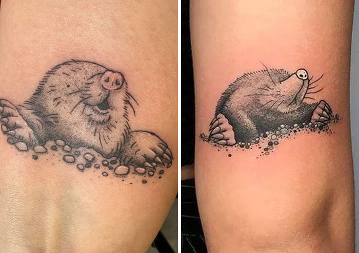 Black and grey mole tattoos emerging from the skin with detailed shading and texture showcasing unique tattoo designs.