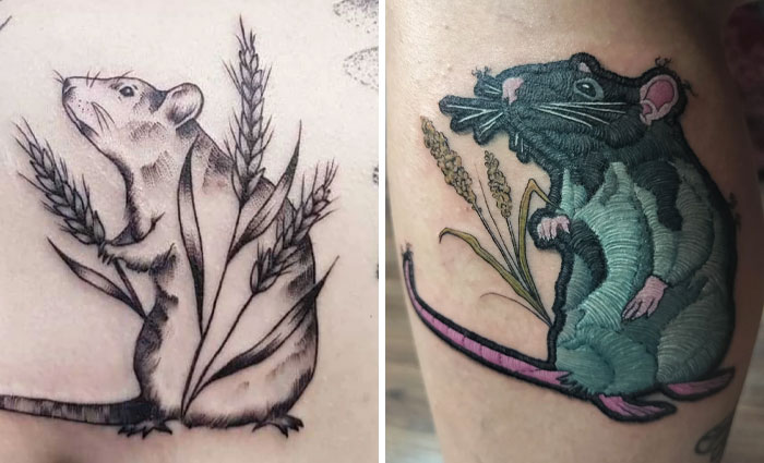 Black and colored rat tattoos with detailed wheat designs showcasing creative tattoo designs that turned out better than expected.