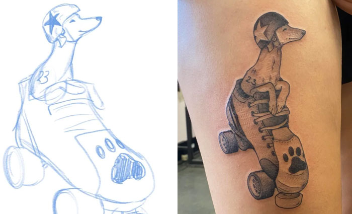 Tattoo design of a dog wearing a star helmet sitting inside a roller skate, an example of improved tattoo designs.