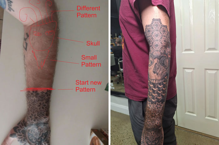 Tattoo sleeve featuring a detailed skull and geometric patterns, showcasing impressive tattoo designs improvements.