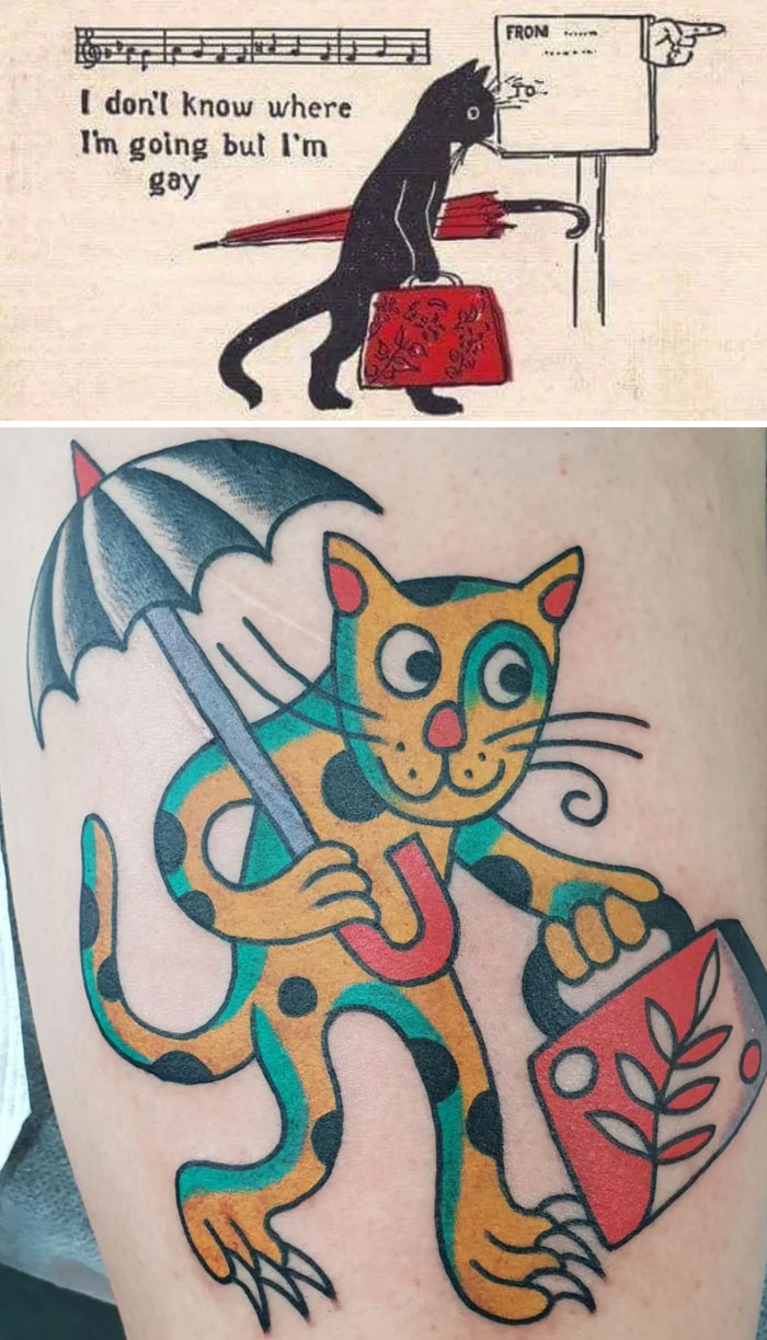 Tattoo design of a colorful cat holding an umbrella and a bag, inspired by a vintage cartoon illustration.