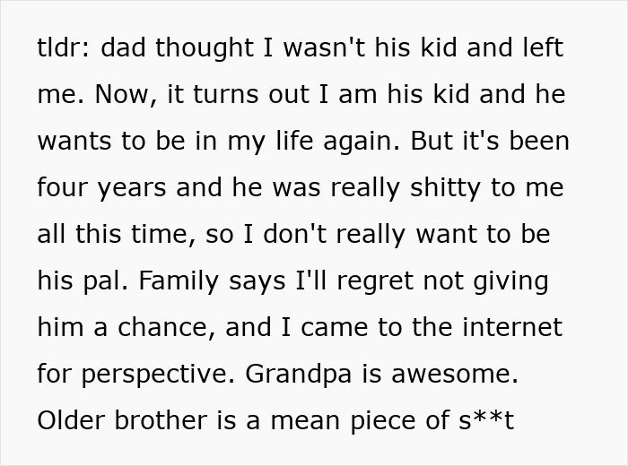Text discussing a man realizing a DNA lab mixed paternity results and wanting to reconnect with the son he disowned.