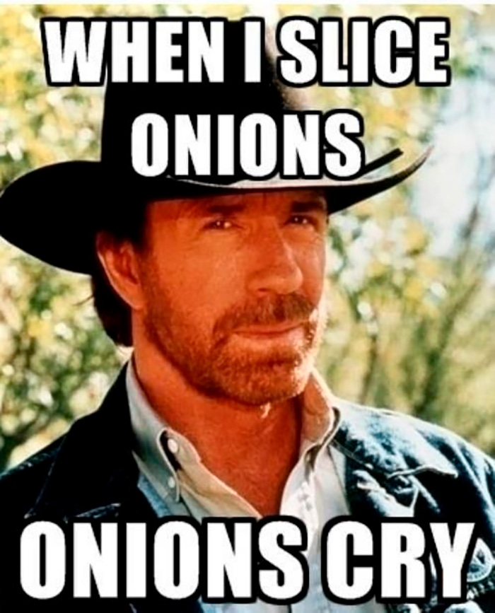 Chuck Norris meme with text about slicing onions and onions crying, celebrating the best Chuck Norris memes.