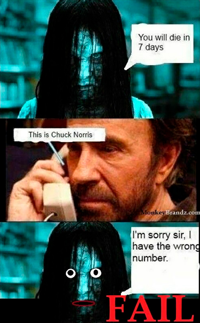 Horror character interacts with Chuck Norris meme in a humorous tribute featuring text and a phone call.