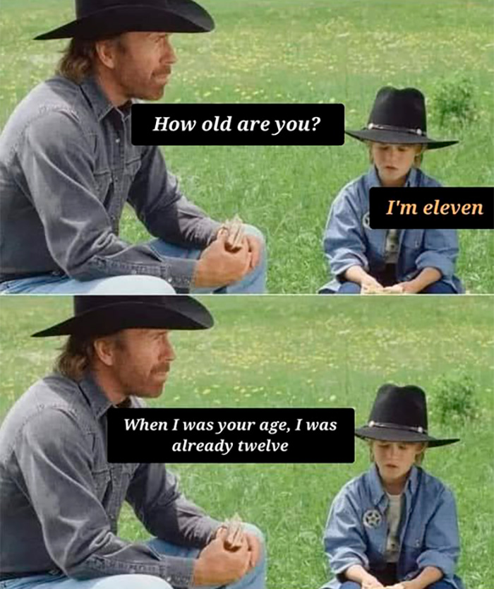 Chuck Norris meme showing a cowboy talking to a child in hats with humorous age comparison text.