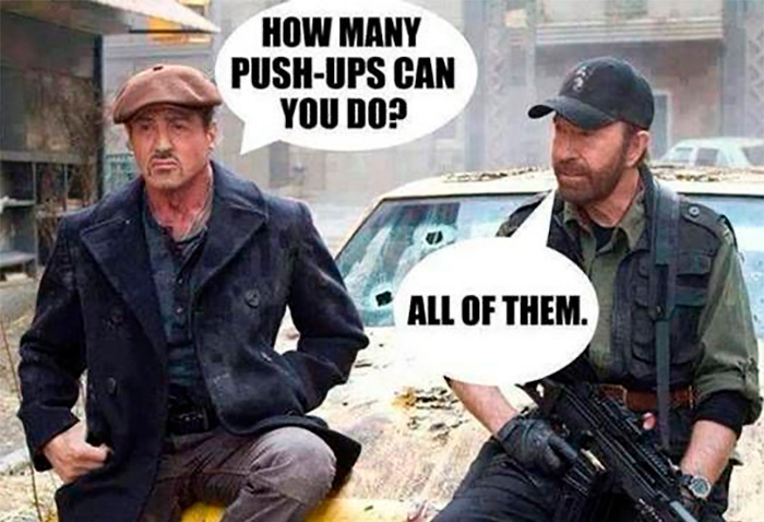 Sylvester Stallone and Chuck Norris meme with push-ups joke, highlighting the best Chuck Norris memes fans love.