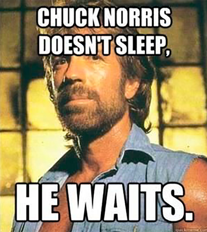 Chuck Norris meme showing him with beard and sleeveless shirt, captioned with a humorous quote about waiting instead of sleeping.