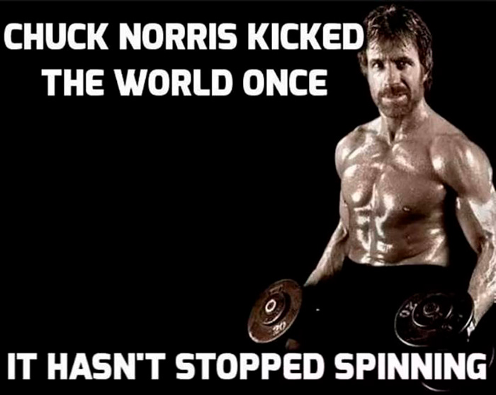 Chuck Norris meme with muscular pose and text about his legendary power featured in best Chuck Norris memes.