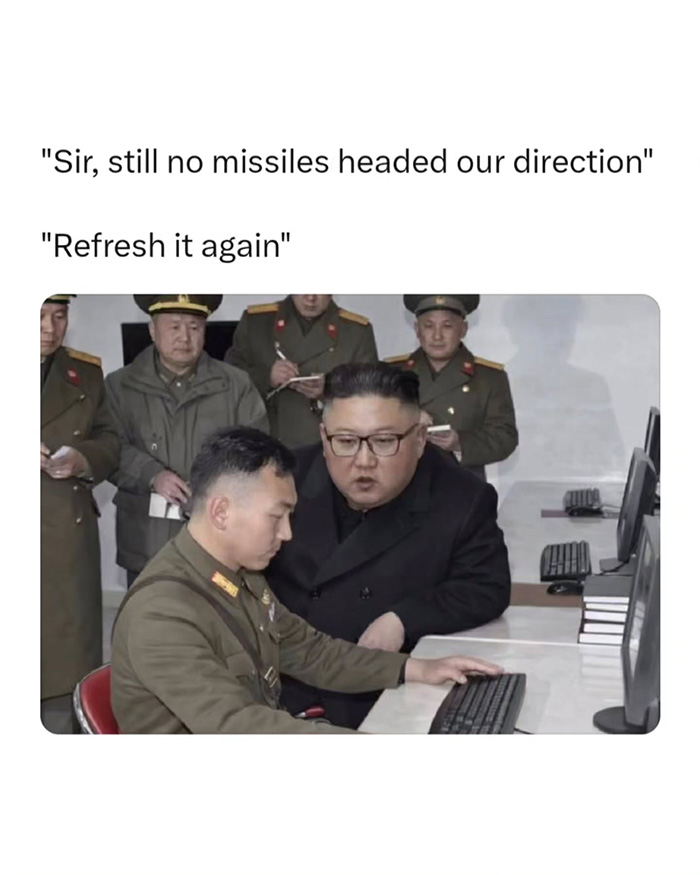 North Korean military officers at computers with captions referencing WW3 memes capturing humanity's anxiety.