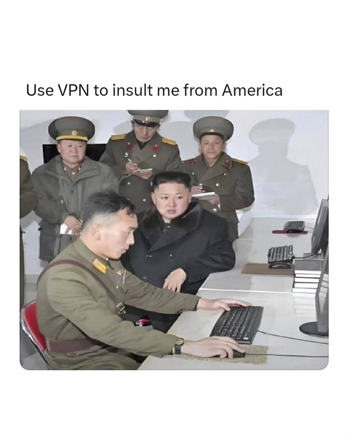 North Korean soldiers at a computer with caption about VPN, reflecting WW3 angst in memes on global tension.