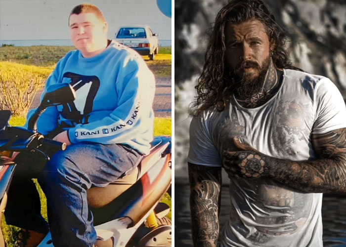 Before and after extreme glow-ups showing a dramatic transformation with tattoos and changed style over time.