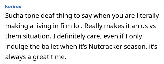 Text comment criticizing tone deaf remarks about ballet, referencing Nutcracker season amid Timoth&eacute;e Chalamet meme backlash.