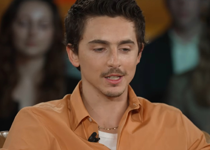 Timoth&eacute;e Chalamet speaking during an interview, wearing a tan shirt, with blurred audience members in the background.