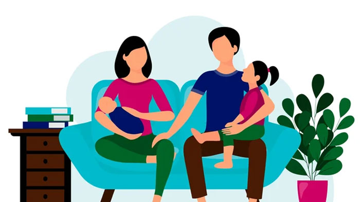 Illustration of a family sitting on a couch, symbolizing humans neurologically entering adulthood at age 32.