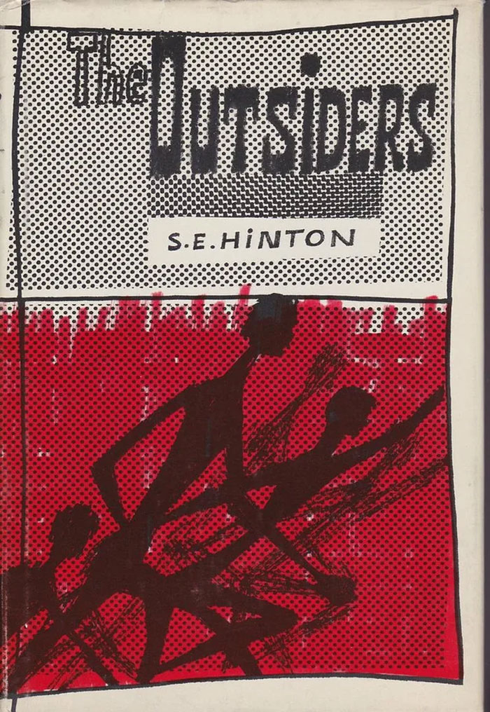 Book cover of The Outsiders by S.E. Hinton with stylized figures, highlighting humans neurologically enter adulthood at age 32 theme.